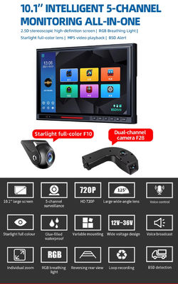Écran tactile IPS BSD 5CH 10,1" Moniteur de vue arrière de voiture DVR AHD 1080P Kit de caméra de recul de stationnement pour camping-car, bus, camion