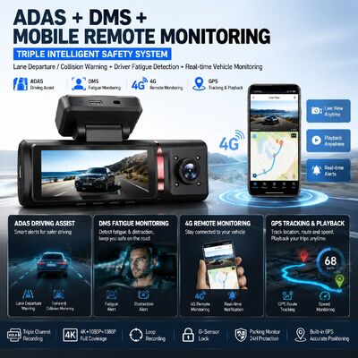 3-Channel 4G AI Dash Camera | 4K Front + 1080p Cabin & Rear | GPS ADAS DMS 24/7 Parking Monitor for Fleet Safety
