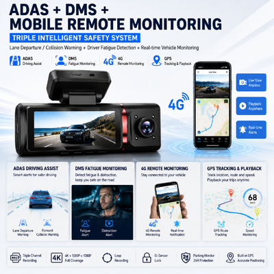 3 canaux AI 4G Dash Camera 4K à l'avant, ADAS et DMS, suivi GPS, moniteur de stationnement 24 heures sur 24, 7 jours sur 7