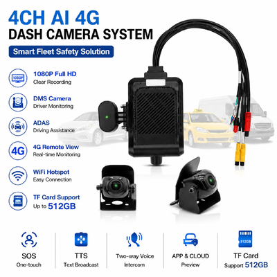 Caméra de bord intelligente 4G IA 4 canaux, sécurité active ADAS + DMS + BSD, enregistrement 1080P + 720P pour taxis