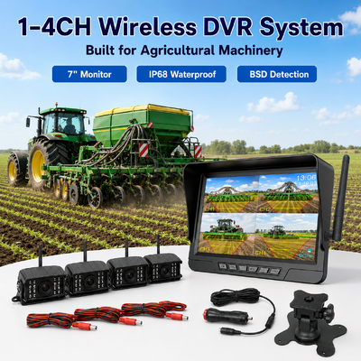 Kit d'appareils photo pour tracteur sans fil à 2 canaux, plug-and-play, moniteur IP68 de 7 pouces avec vision nocturne BSD et conception résistante aux vibrations