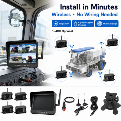 Kit d'appareils photo pour tracteur sans fil à 2 canaux, plug-and-play, moniteur IP68 de 7 pouces avec vision nocturne BSD et conception résistante aux vibrations