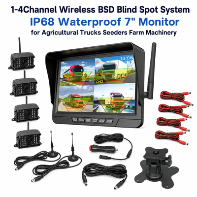Kit d'appareils photo pour tracteur sans fil à 2 canaux, plug-and-play, moniteur IP68 de 7 pouces avec vision nocturne BSD et conception résistante aux vibrations