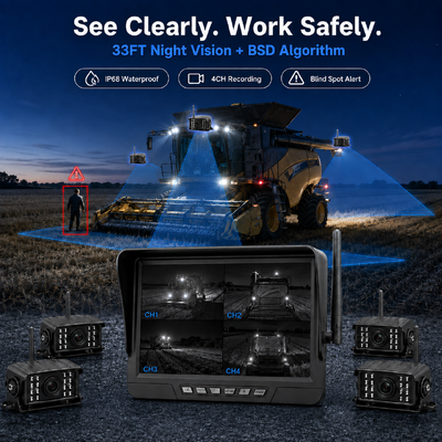 Kit d'appareils photo pour tracteur sans fil à 2 canaux, plug-and-play, moniteur IP68 de 7 pouces avec vision nocturne BSD et conception résistante aux vibrations