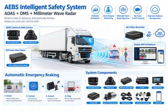 Système AEBS avec radar à ondes millimétriques à 77 GHz ADAS + DMS et connectivité 4G/5G pour la télématique de flotte