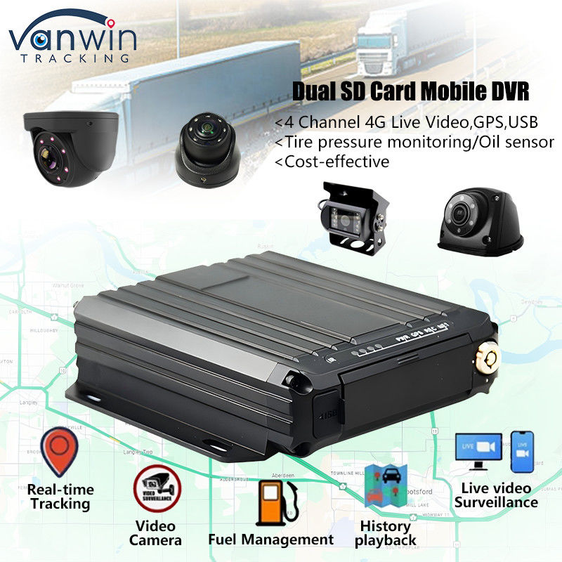 4CH 1080P Carte SD double DVR mobile Support de capteur d'huile 4G Vidéo de surveillance en temps réel GPS Tracker