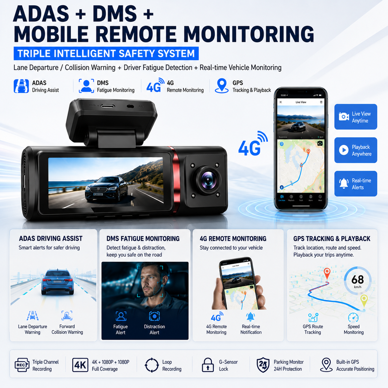 3 canaux AI 4G Dash Camera 4K à l'avant, ADAS et DMS, suivi GPS, moniteur de stationnement 24 heures sur 24, 7 jours sur 7