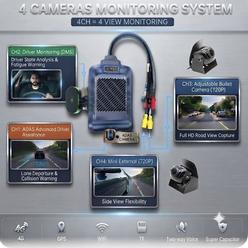 Caméra de bord intelligente 4G IA 4 canaux, sécurité active ADAS + DMS + BSD, enregistrement 1080P + 720P pour taxis
